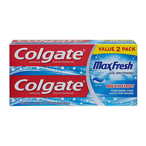 Colgate Max Fresh with Whitening Breath Strips Toothpaste Value Pack, Cool Ment, 6 Oz, 2 Pack